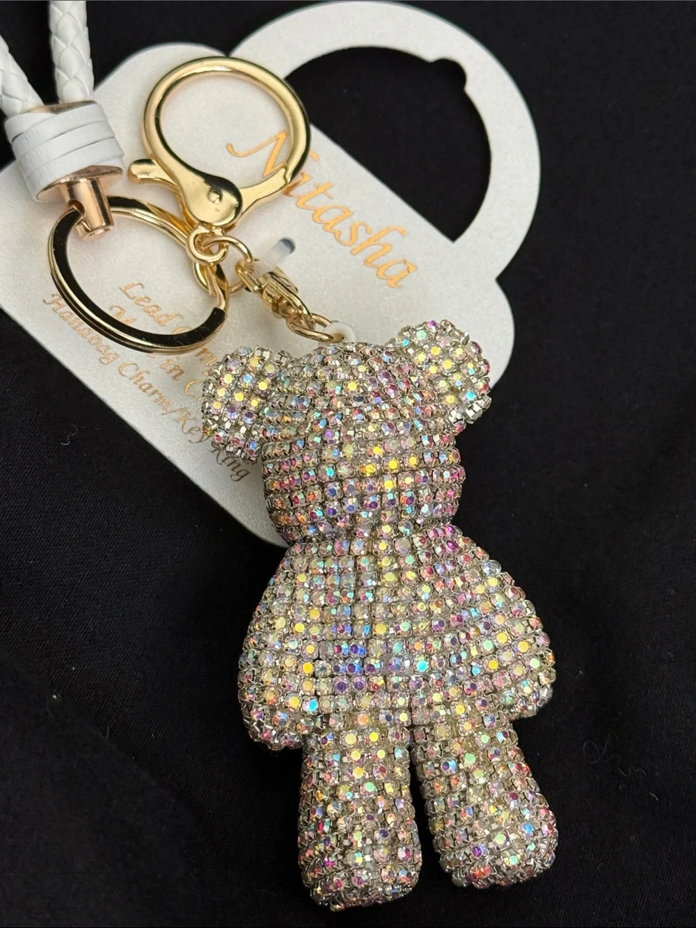 Natasha Crystal Teddy Bear Keychain- Iridescent Rhinestones & Gold-Tone Metal